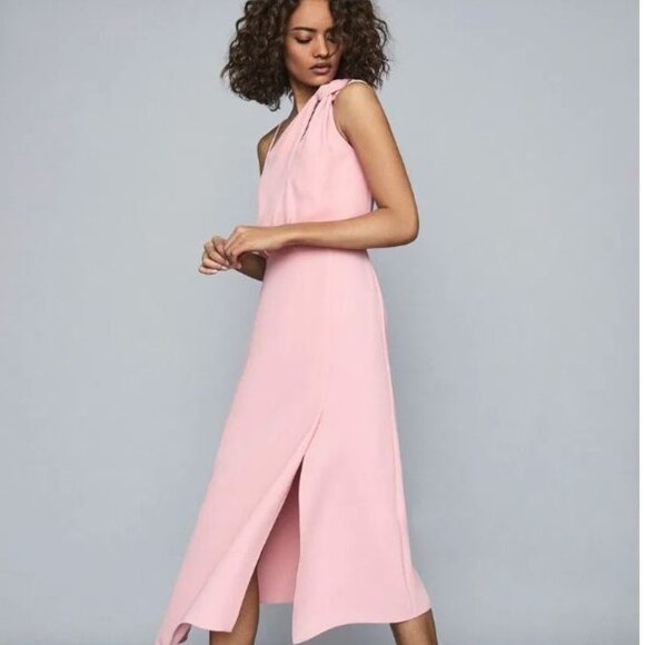 Reiss Delilah Strappy One Shoulder Pink Asymmetrical Hem Midi Dress 2 - Picture 2 of 9